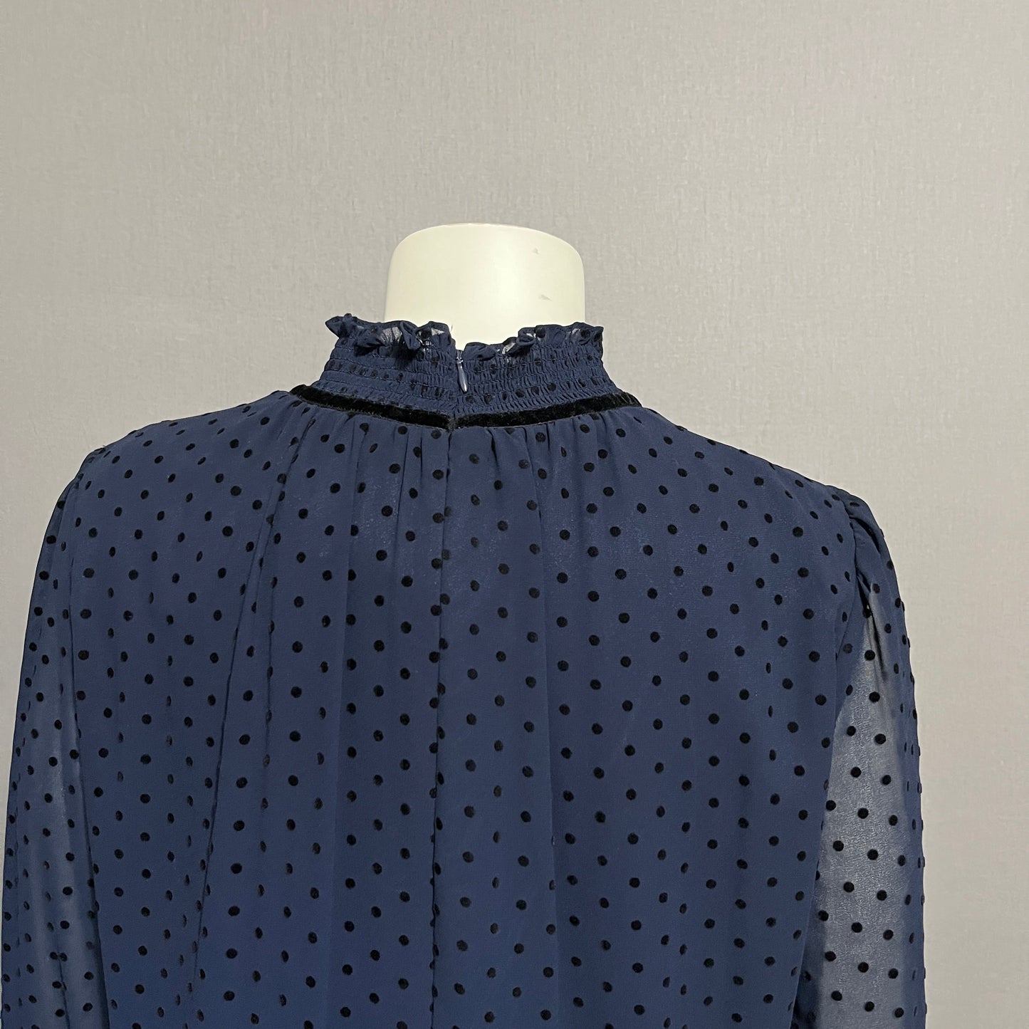 Navy Polka Dot High Neck Ruffle Hem Sheer Dress