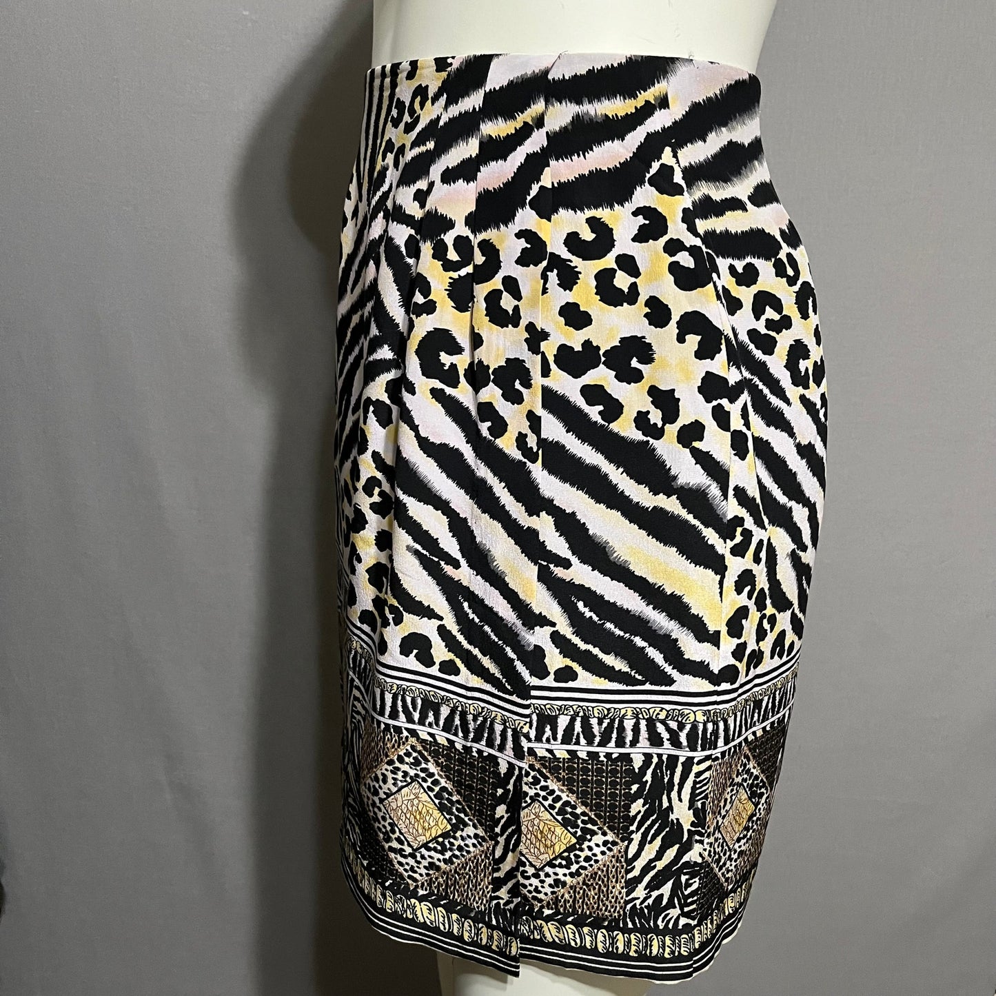 FUDA Vintage Safari Jungle Animal Print Faux Wrap Silk Skirt Sz-Large