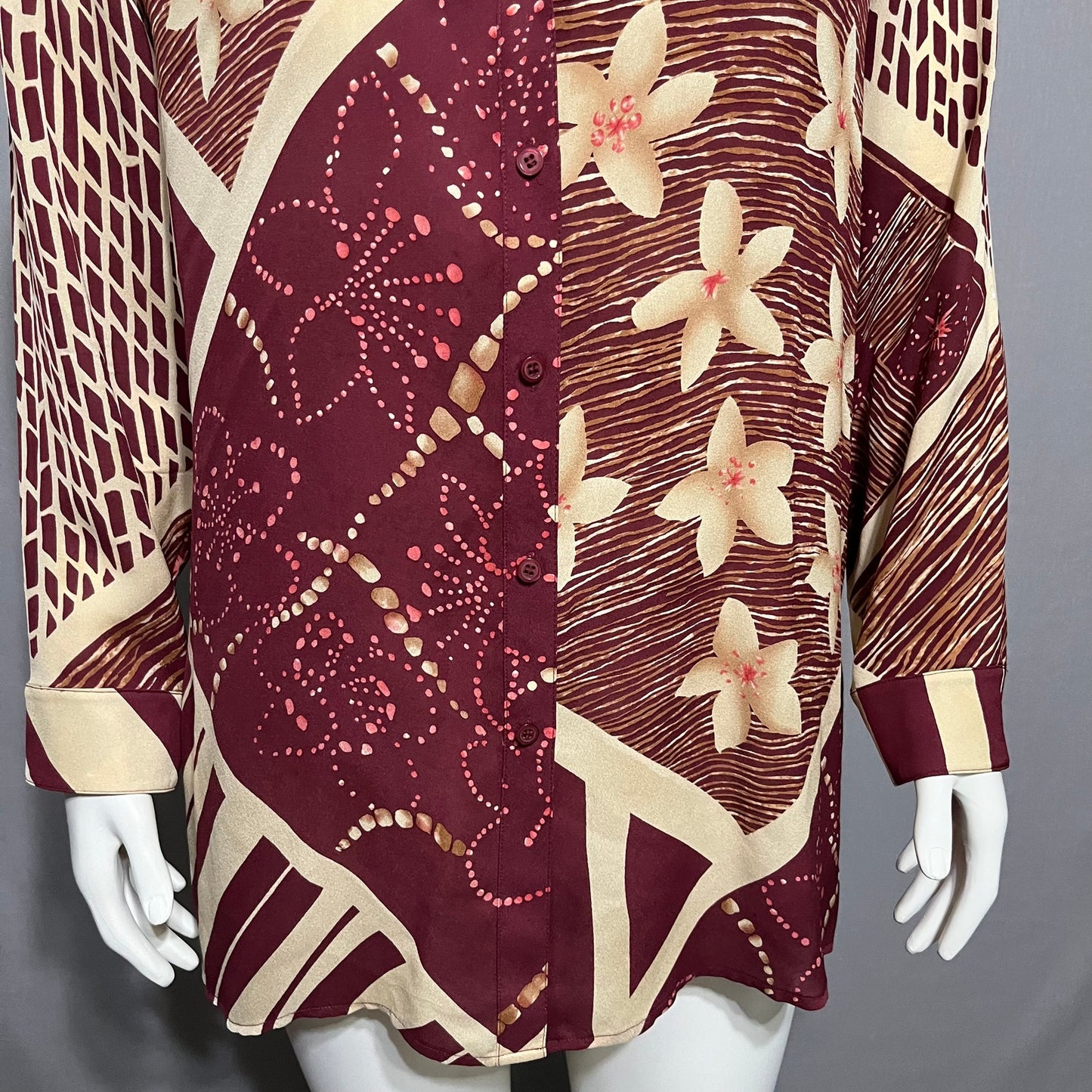 Due per Due Burgundy Silk Floral Striped Sheer Flowy Button Front Blouse Sz-16