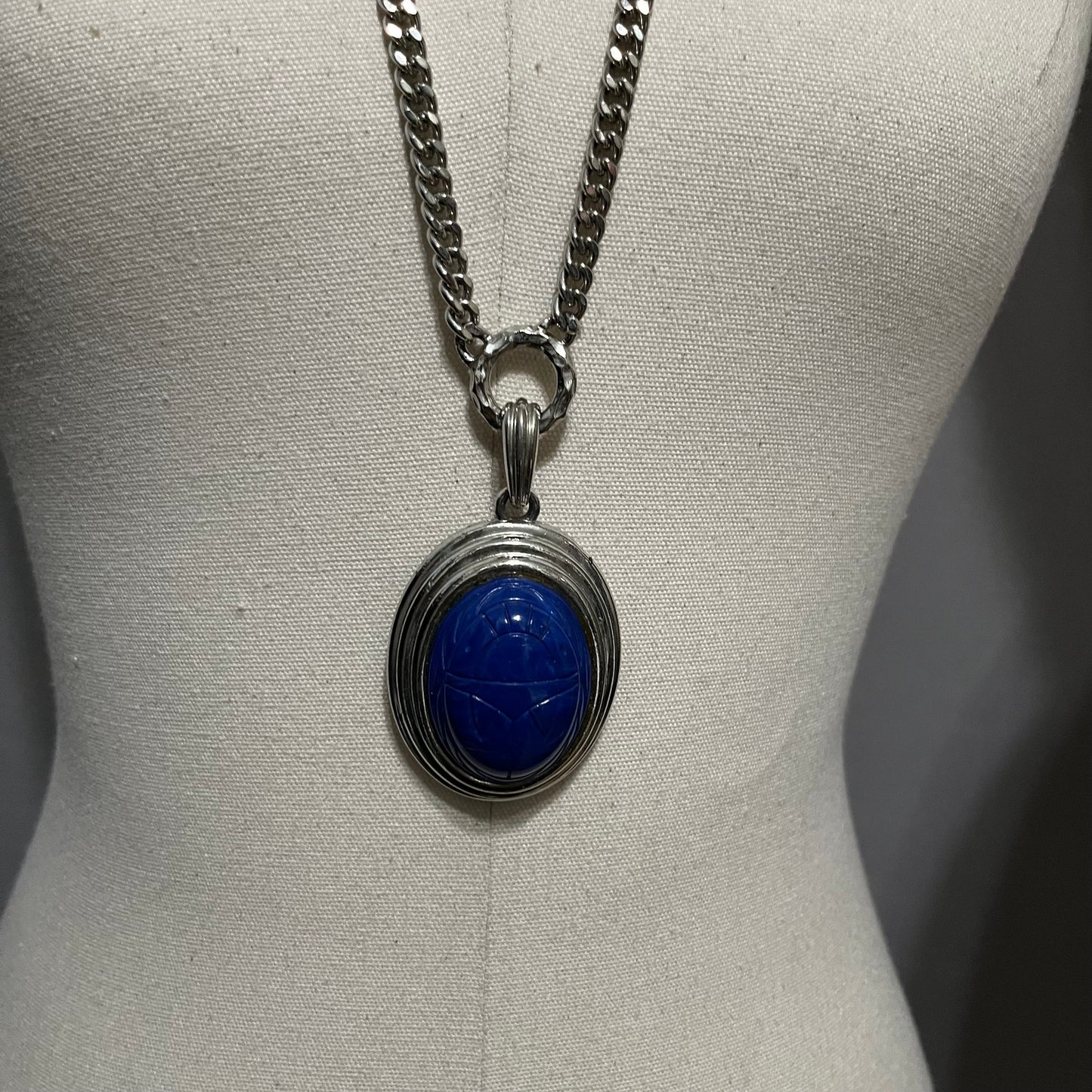 Silver With Blue Long Chain Pendant Necklace