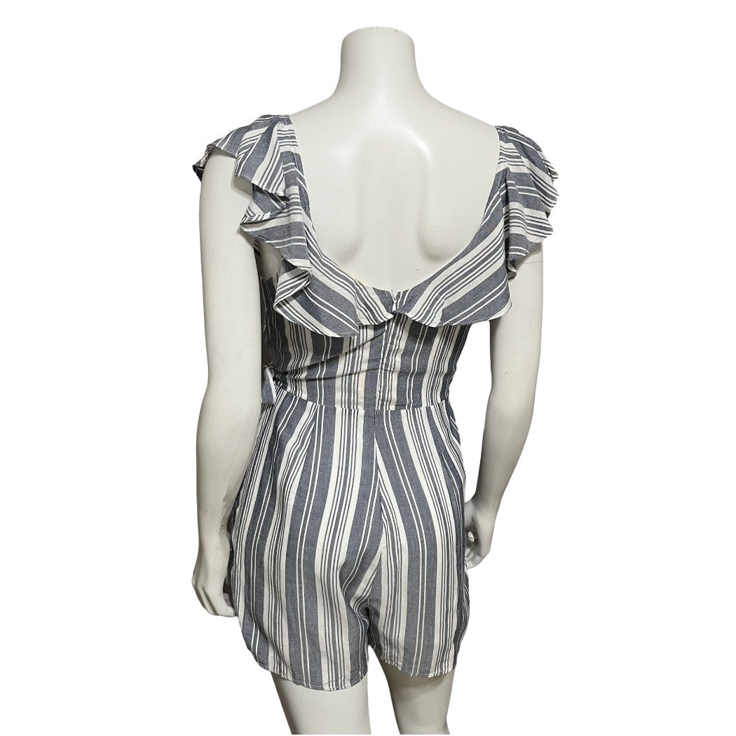 Entro Blueish Gray Striped Cold Shoulder Ruffle Romper Sz-Small