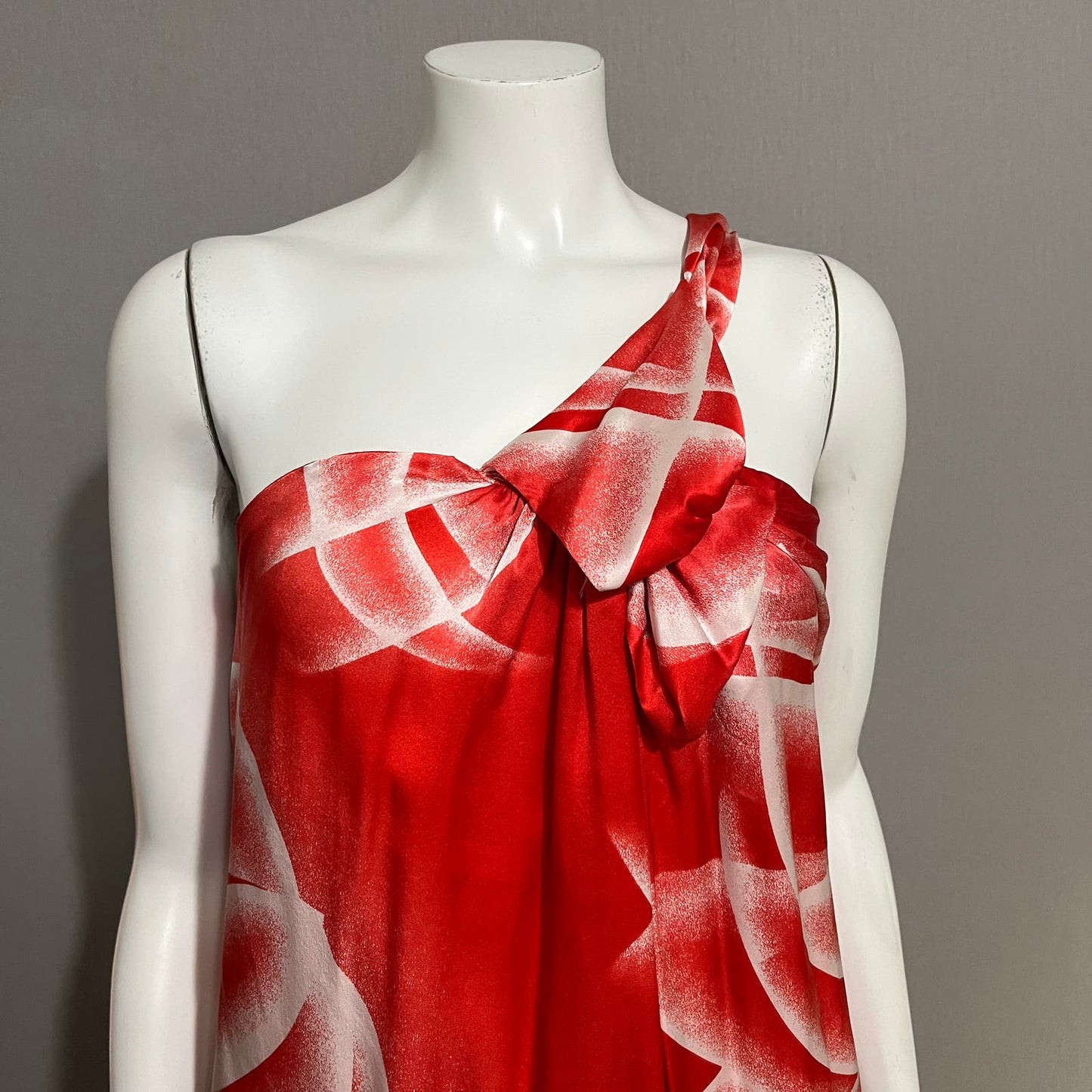 BCBG Maxazria One Shoulder 100% Silk Red Floral Dress Sz Large