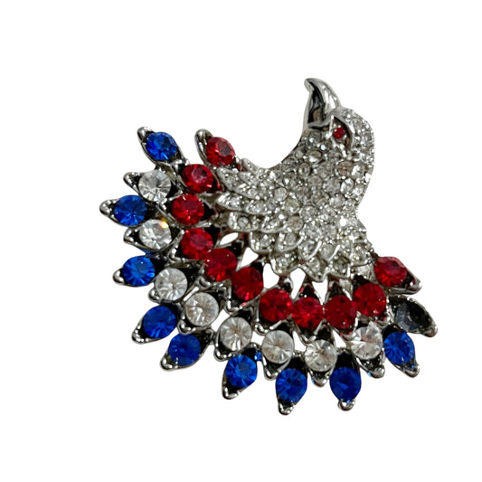 Eagle Patriotic Silver, Red, and Blue Crystal Brooch
