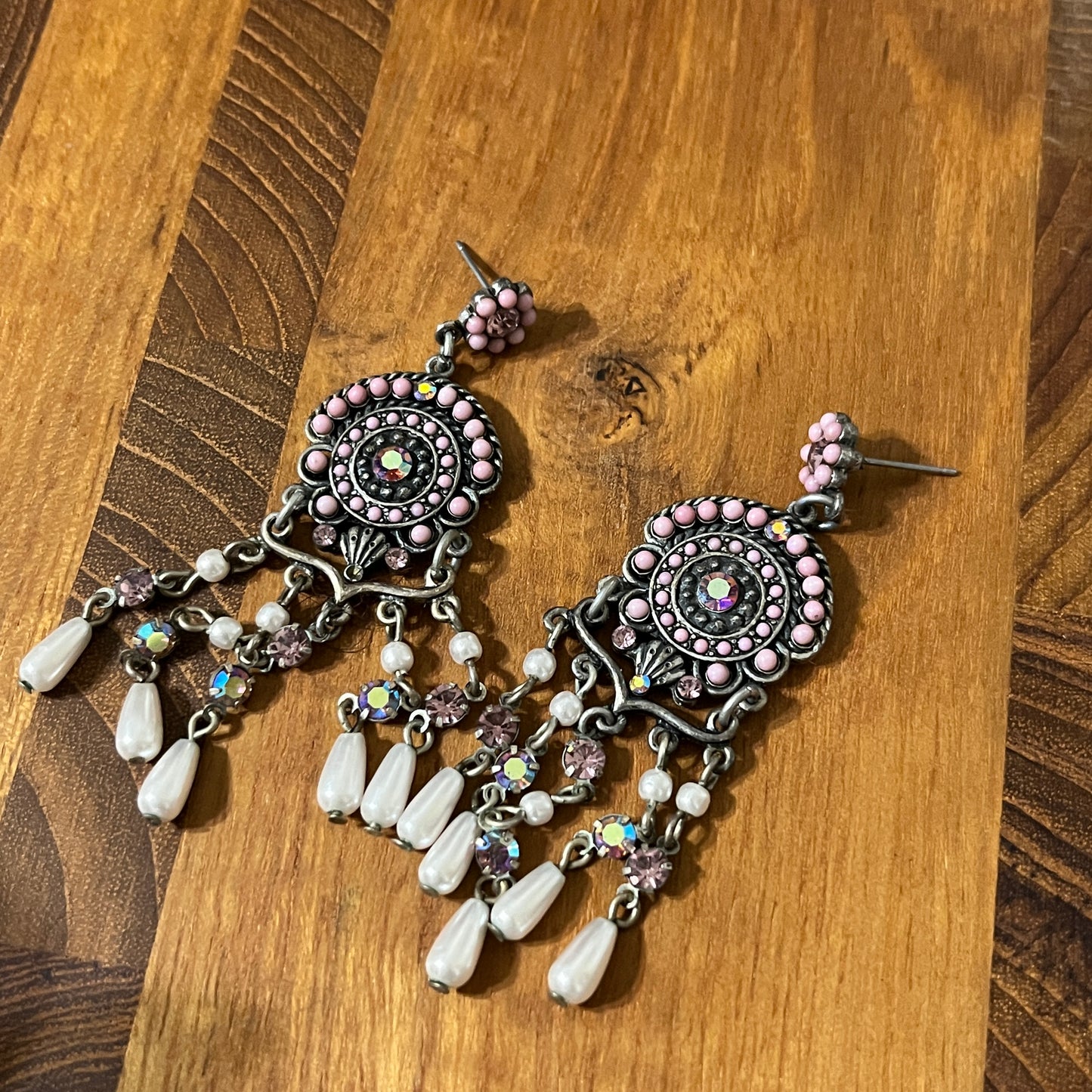 Boho Pink and Silver Chandelier Earrings