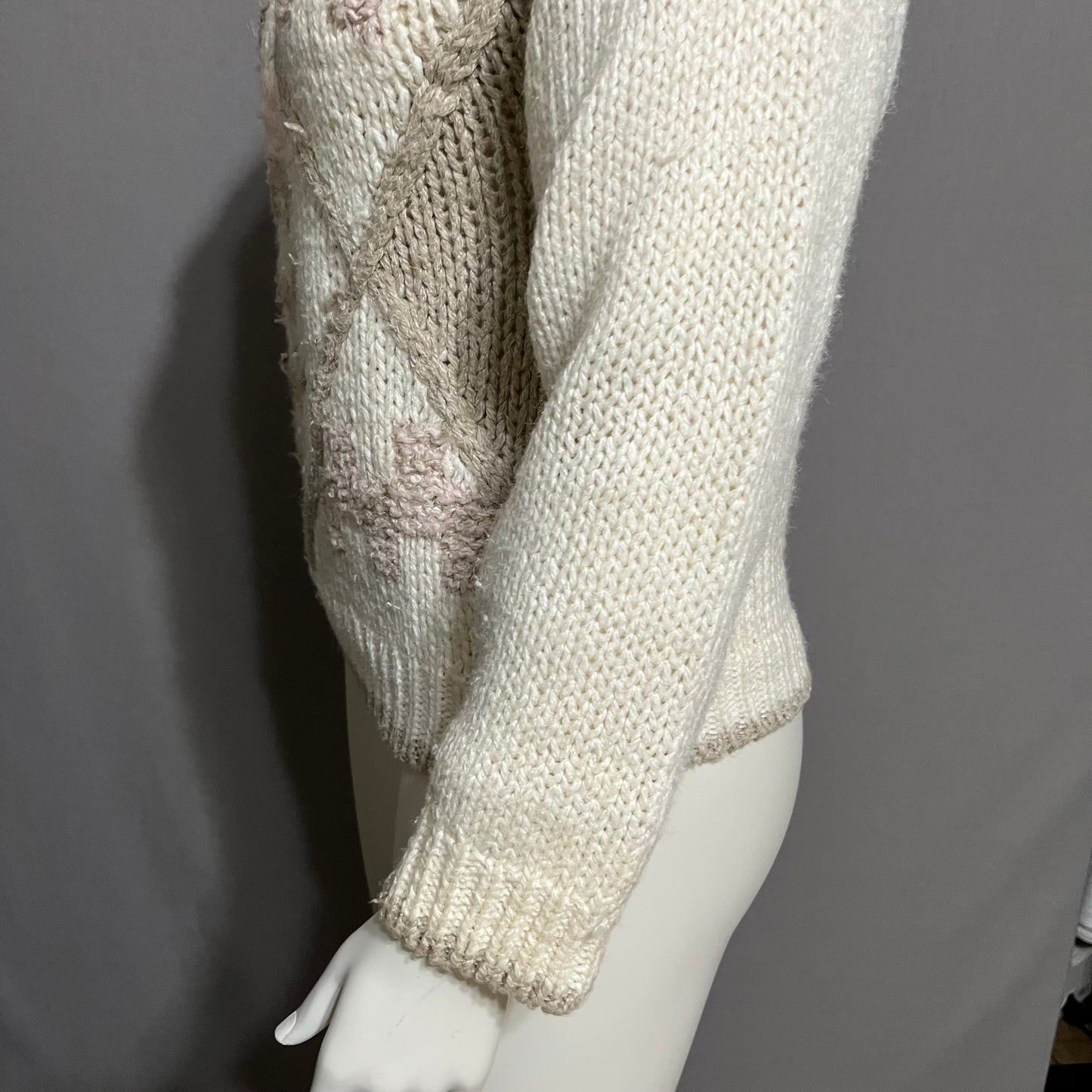 Vintage Cristina Floral Cream Grandma Crewneck Chunky Knit Sweater Sz-Large