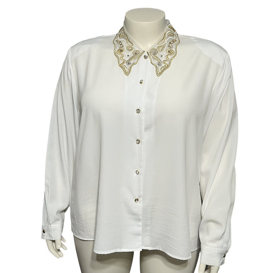 Yves St. Clair White With Gold Decorative Jeweled Collar Artsy Blouse Sz-24W