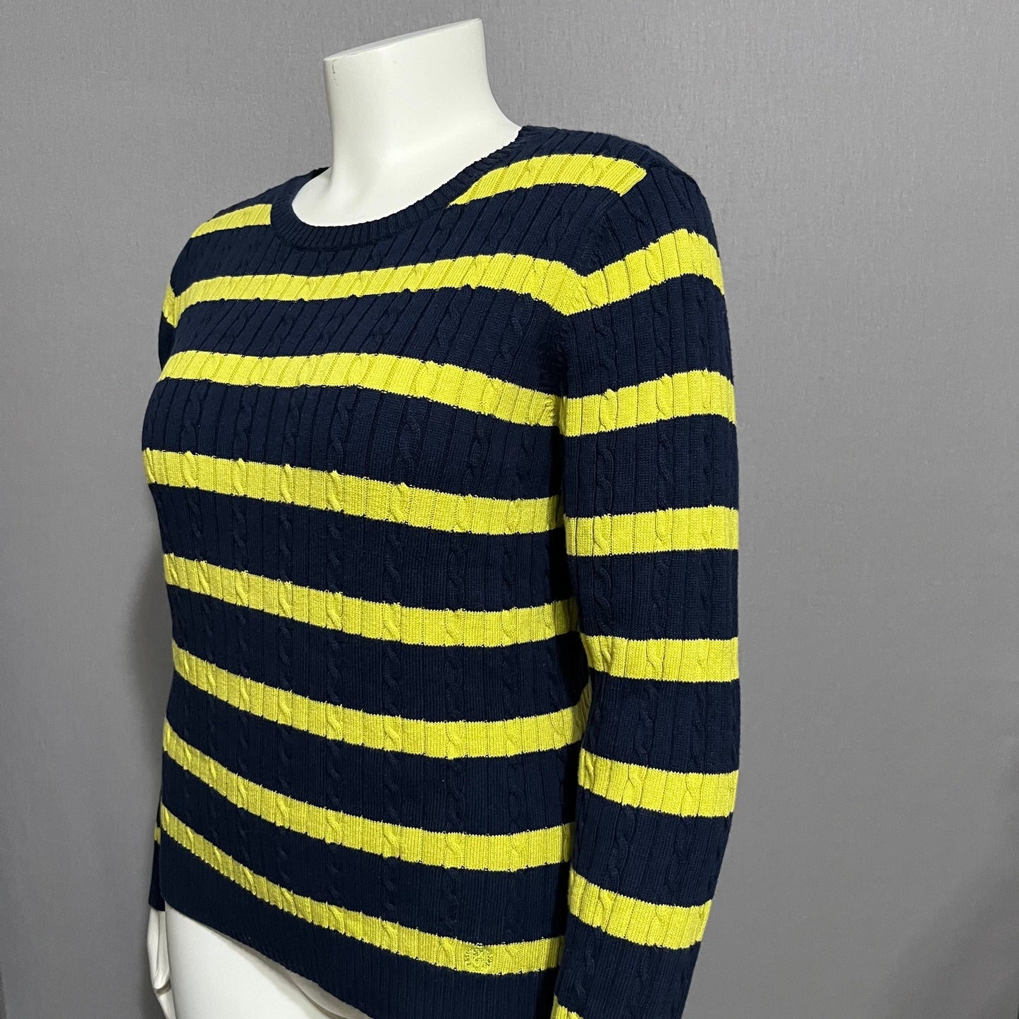 Izod Lime Green & Navy Striped 100% Cotton Long Sleeve Sweater Sz-Large