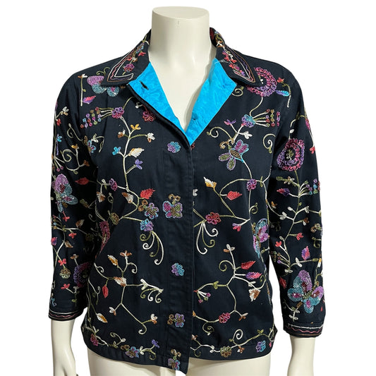 The Quacker Factory Beaded Embroidered Cotton Jacket Butterfly Floral Sz-Small