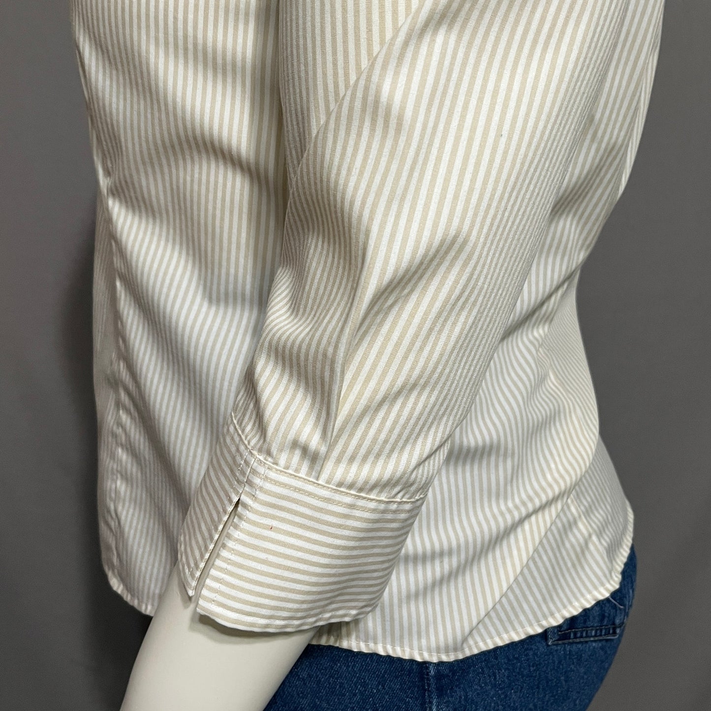 Eddie Bauer Striped Women’s Button Front Shirt 3/4 Sleeve Tan White Sz-XL