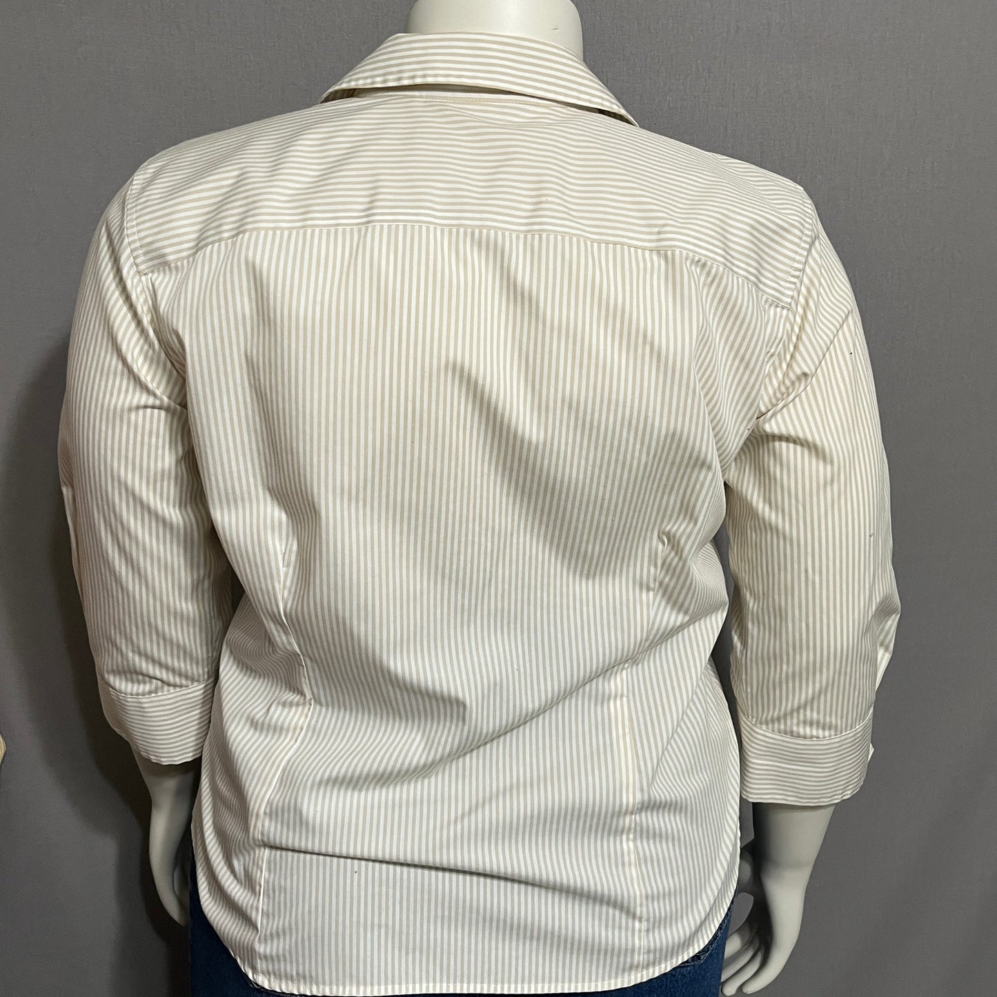 Eddie Bauer Striped Women’s Button Front Shirt 3/4 Sleeve Tan White Sz-XL