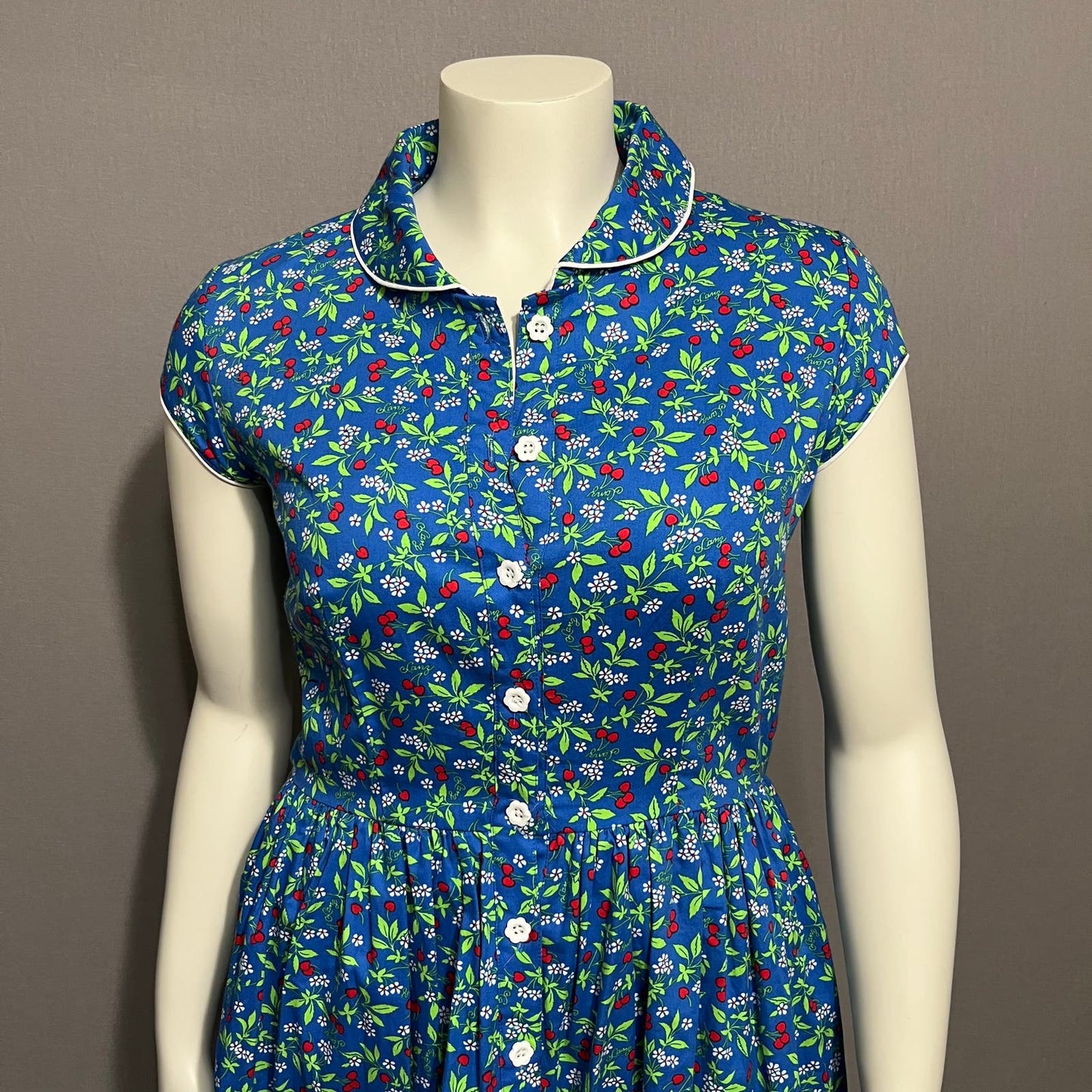 Vintage Floral Cherry Print Blue 100% Cotton Flare Dress Sz-Large