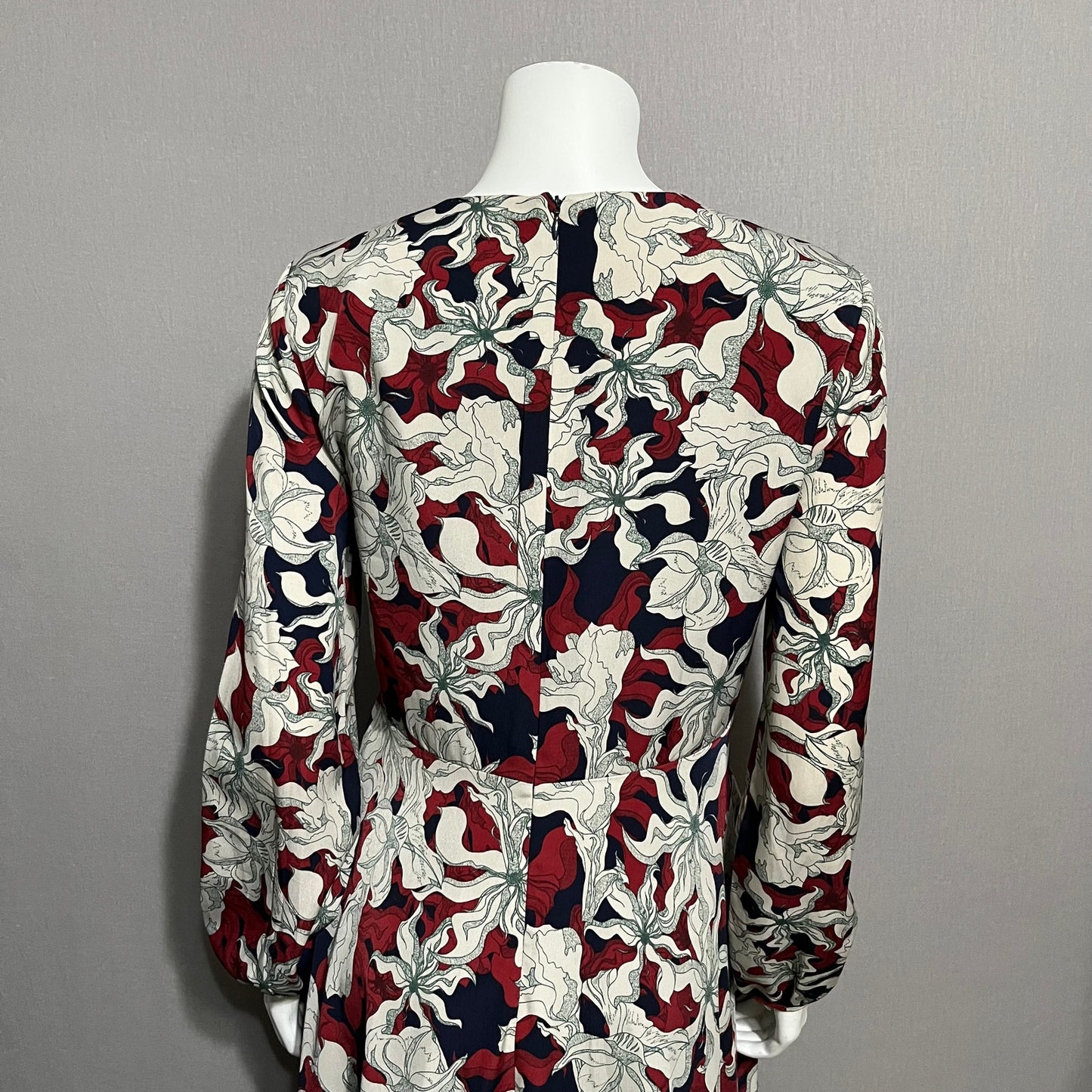 PinkyOtto Gray Maroon Navy Floral Leaf Long Sleeve Dress Sz-8