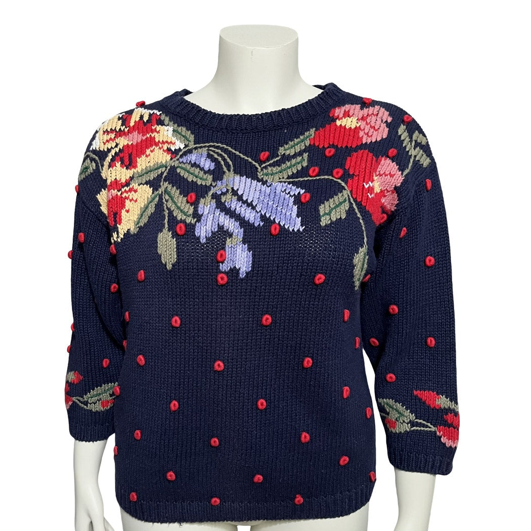 Vintage Jennifer Reed Navy Cherry Red Floral Embroidered Artsy Sweater Sz-Medium