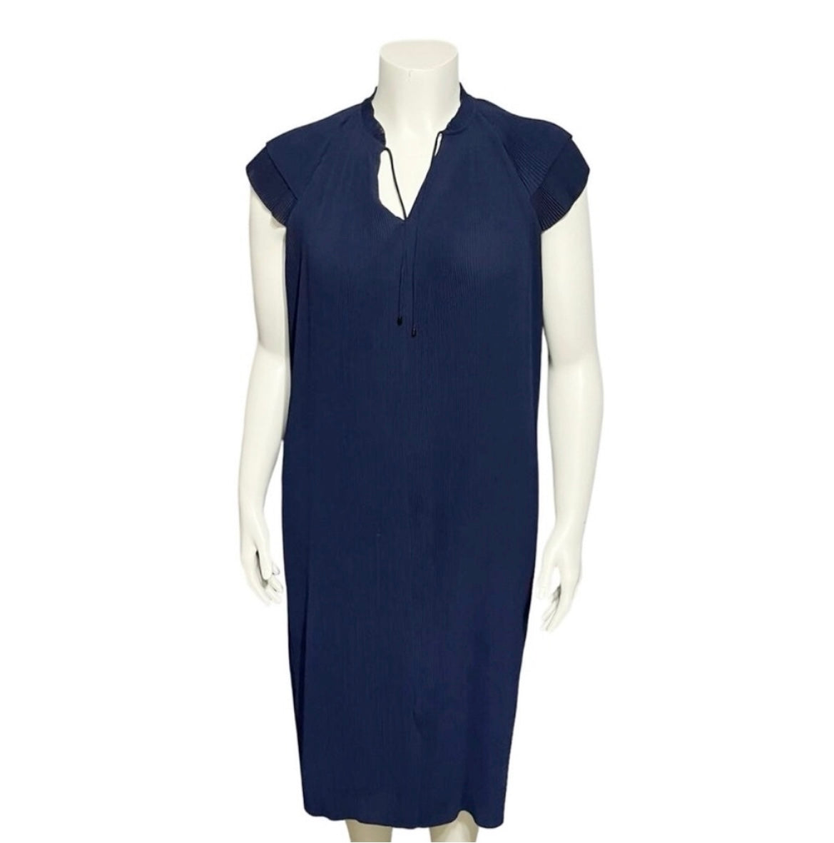 J. McLaughlin Navy Accordion Pleated Flutter Sleeve Midi Dress Sz-Medium