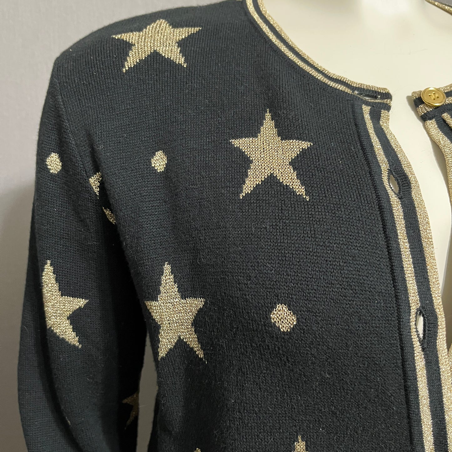 Vintage Holiday Black Cardigan with Gold Star Pattern