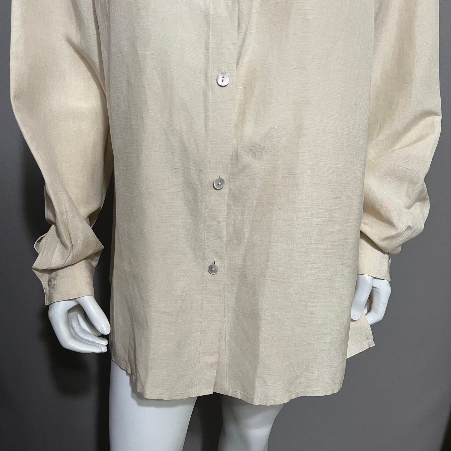 Eileen Fisher Tan Linen & Silk Blend Button Front Shirt Sz-Large