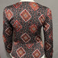 Satin Geometric Print Button Front V-Neck Long Sleeve Blouse Sz-Medium