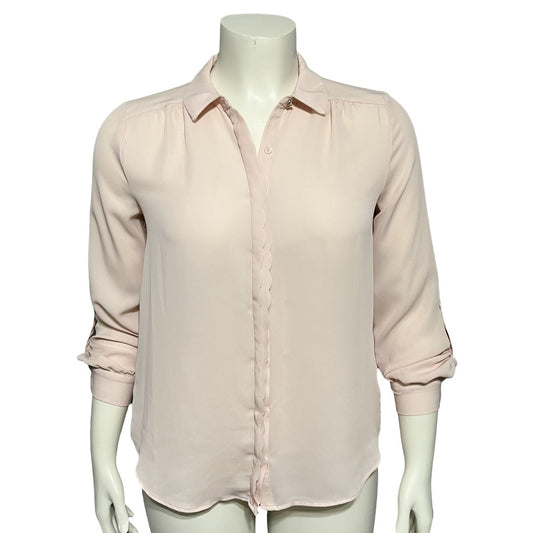 Elle Blush Pink Scalloped Button Front Career Long Sleeve Blouse Sz-Medium