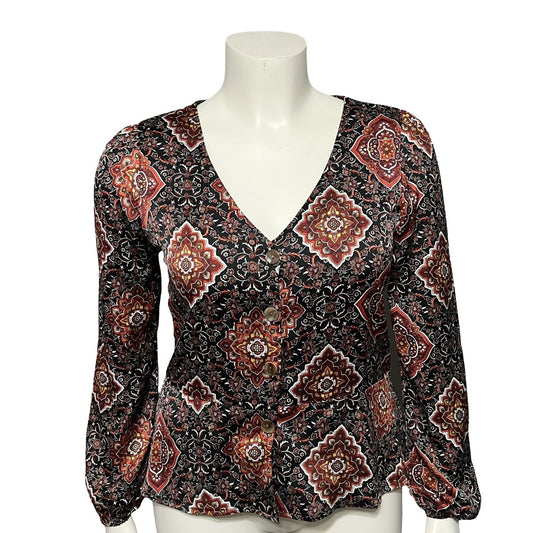 Satin Geometric Print Button Front V-Neck Long Sleeve Blouse Sz-Medium