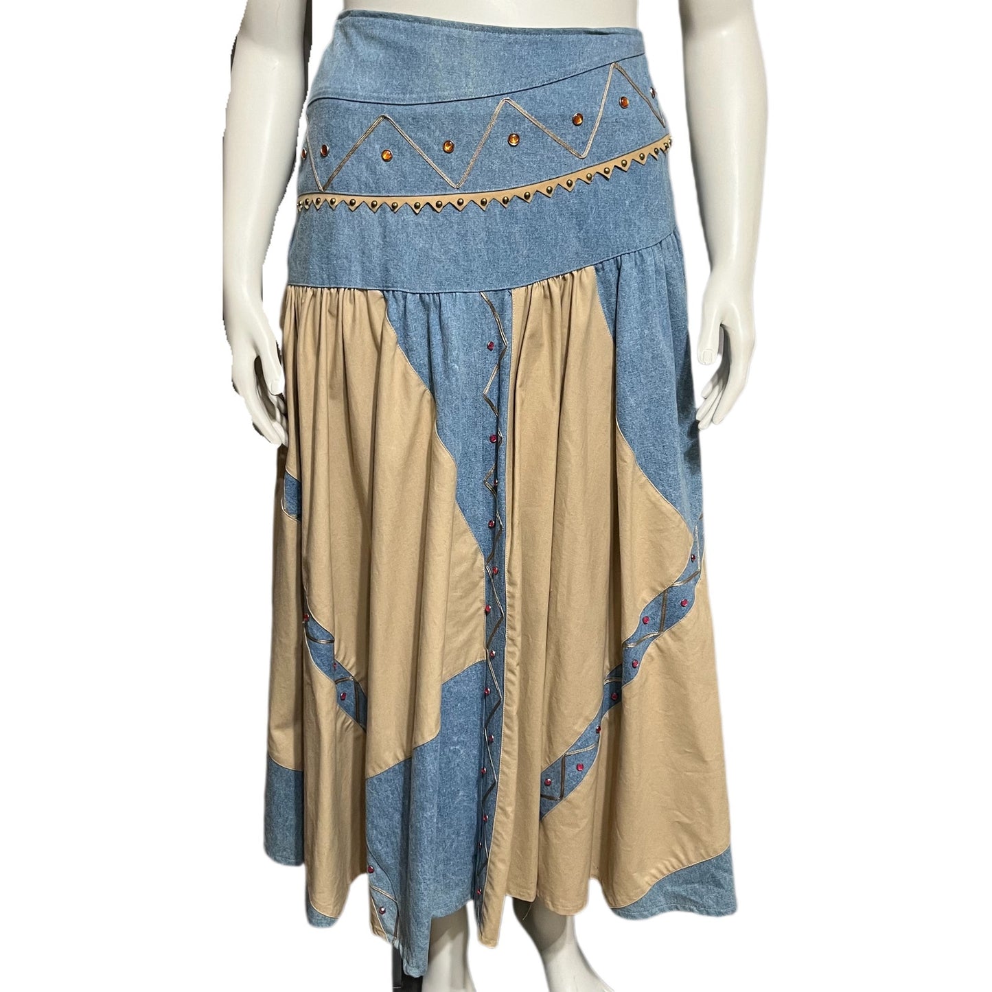 Vintage 80s Suzelle Denim Cotton Tan Pleated Drop Waist Maxi Skirt Sz-12