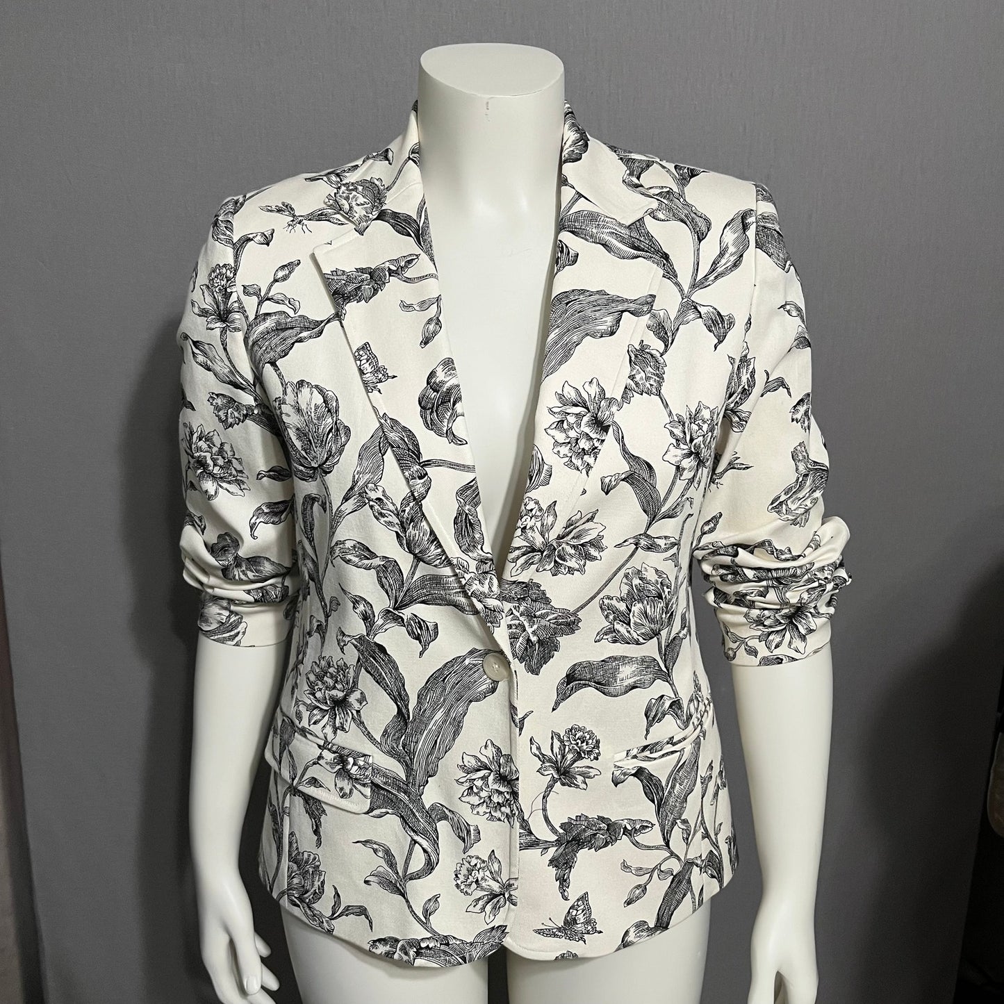 Nine West Cream Floral Cotton With Stretch One Button Blazer Sz-14