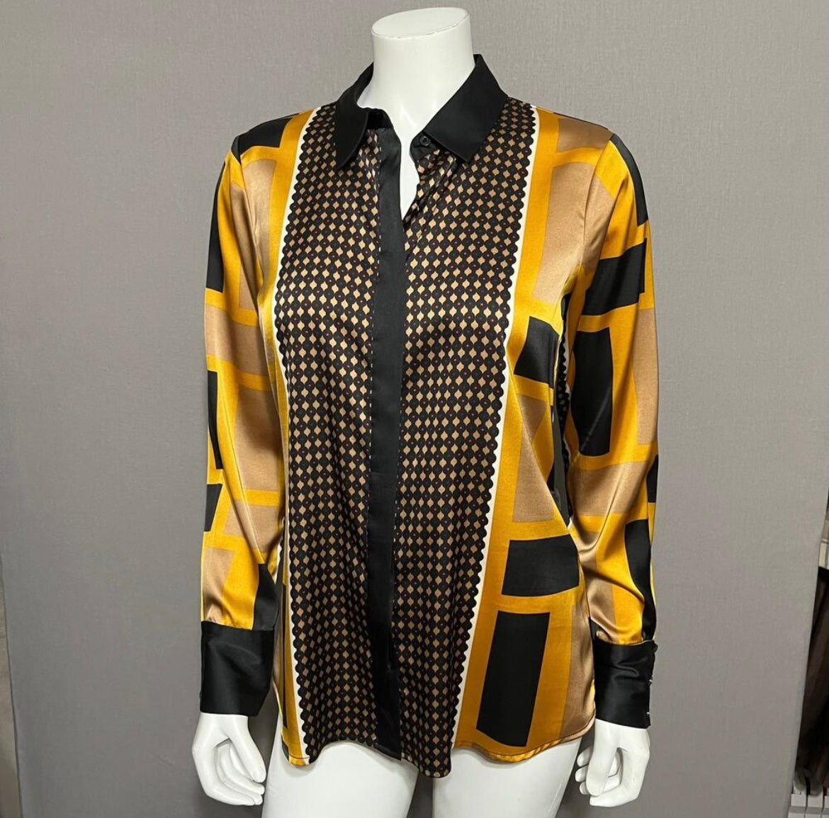 Calvin Klein Geometric Gold & Black Satin Blouse Sz-Small