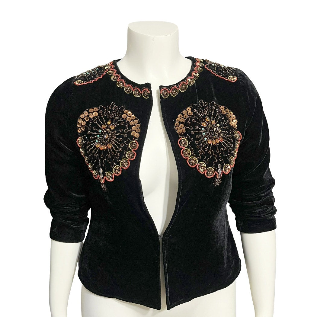 Saint Tropez West Black Velour Artsy Beaded & Sequins Blazer Sz-Medium