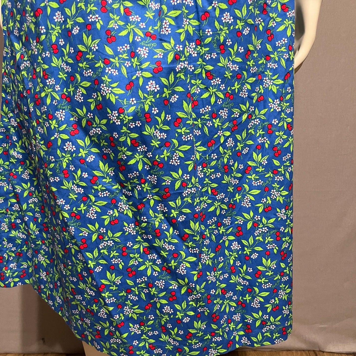 Vintage Floral Cherry Print Blue 100% Cotton Flare Dress Sz-Large