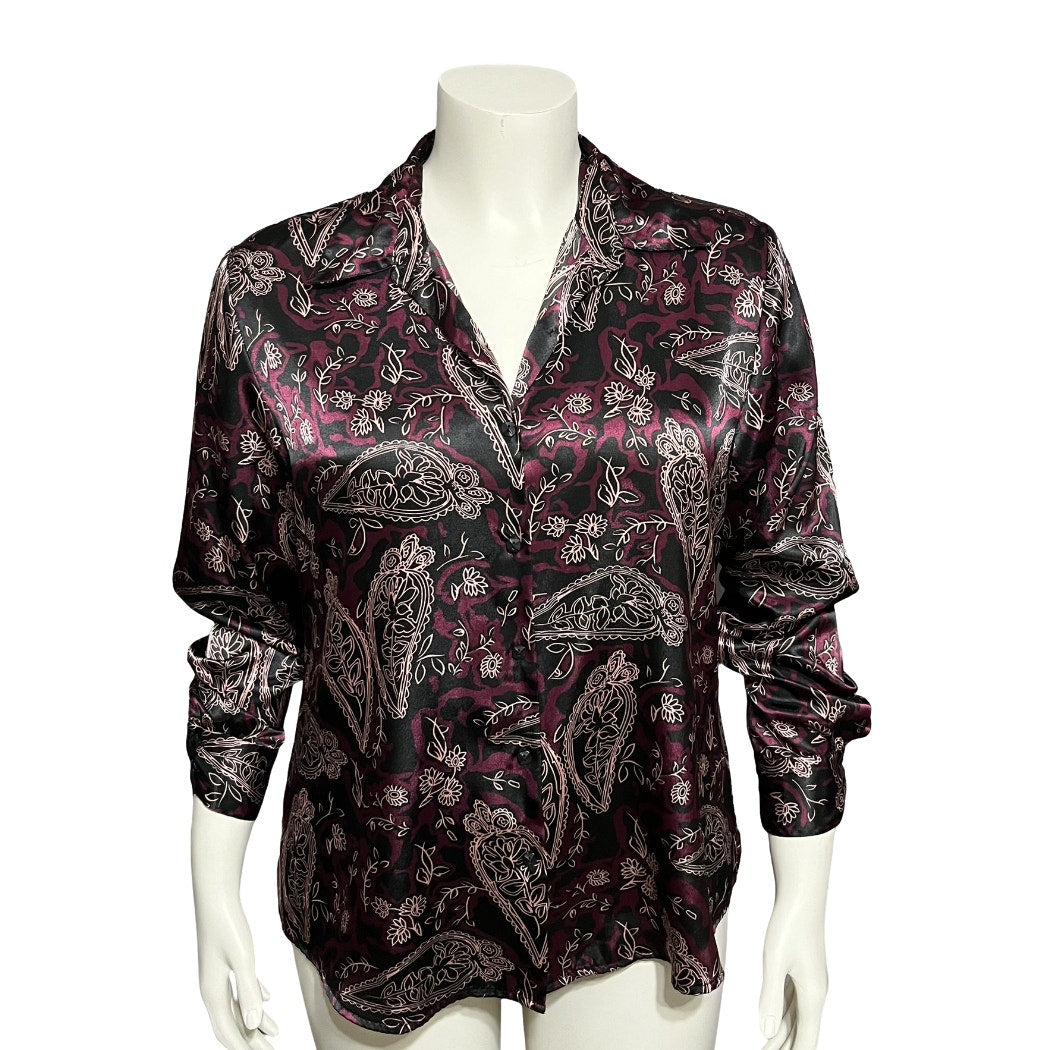 Notations Purple Satin Floral Print Long Sleeve Button Front Blouse Sz-Large