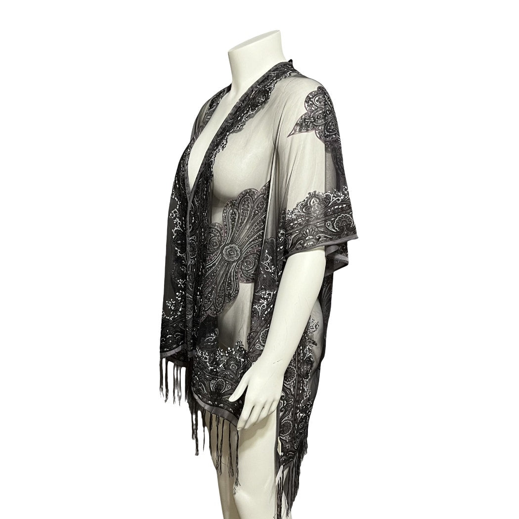 Pretty Persuasions Sheer Open Front With Fringe Artsy Shawl Wrap Sz-OS