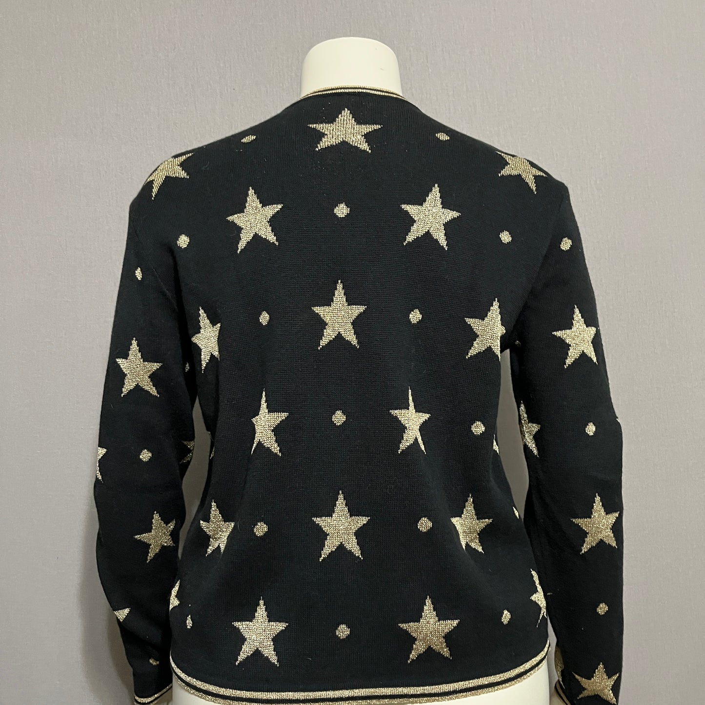 Vintage Holiday Black Cardigan with Gold Star Pattern