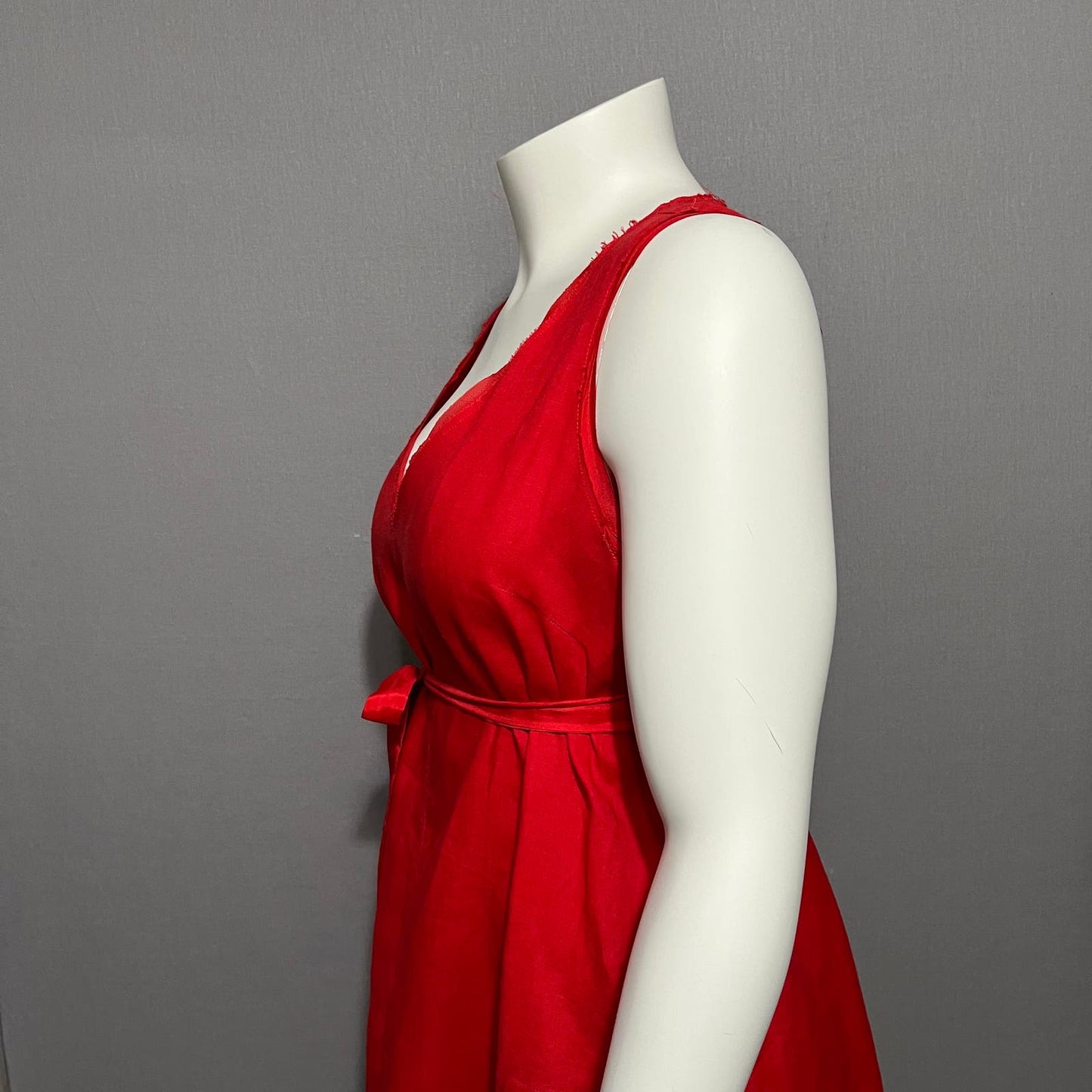 Sundance Red 100% Linen V-Neck Flare With Silk Trim Tie Dress Sz-Large