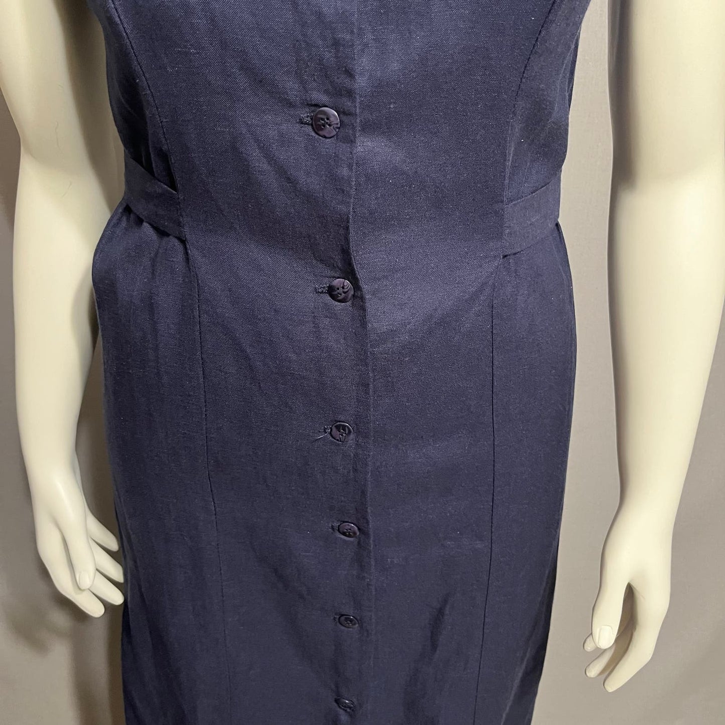 CH Signature Navy  Linen Cotton Maxi Sleeveless Button Front Dress Sz-Small