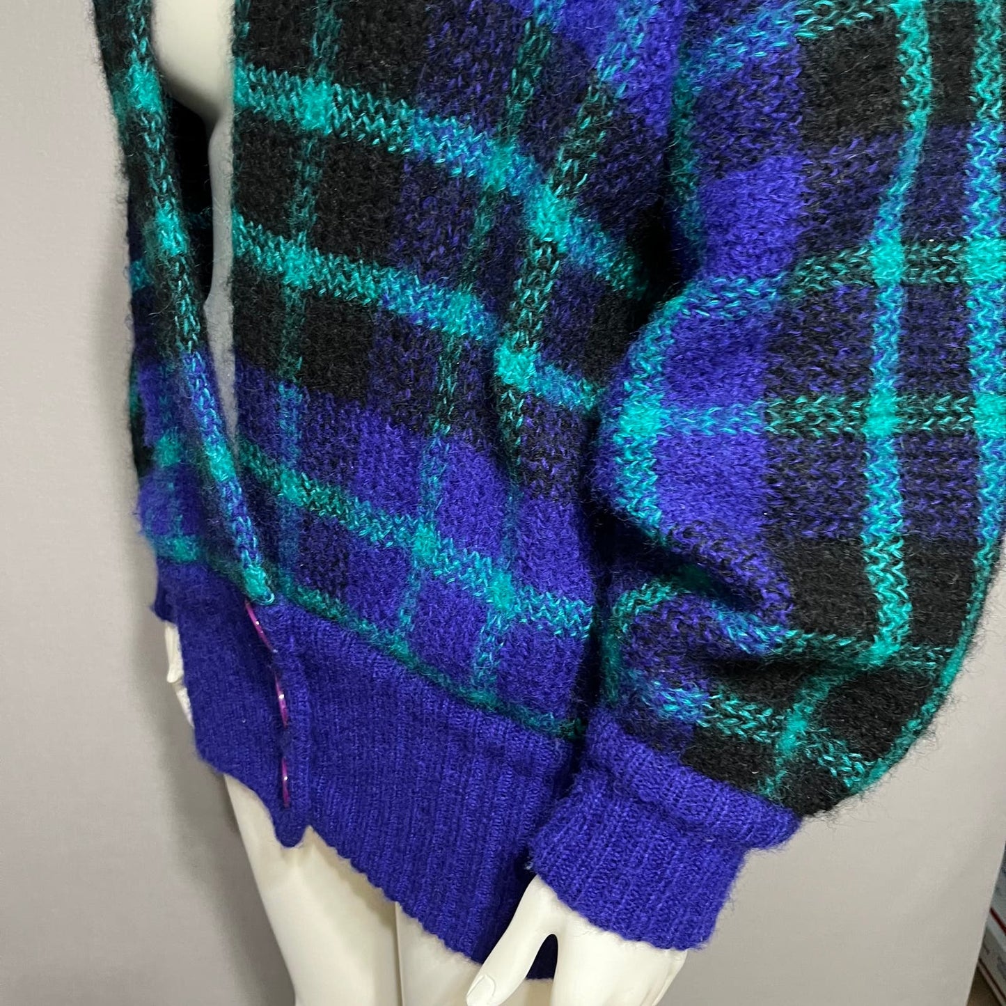 I.B Diffusion Plaid Chunky Knit Wool Mohair Cardigan Sweater Sz-Medium