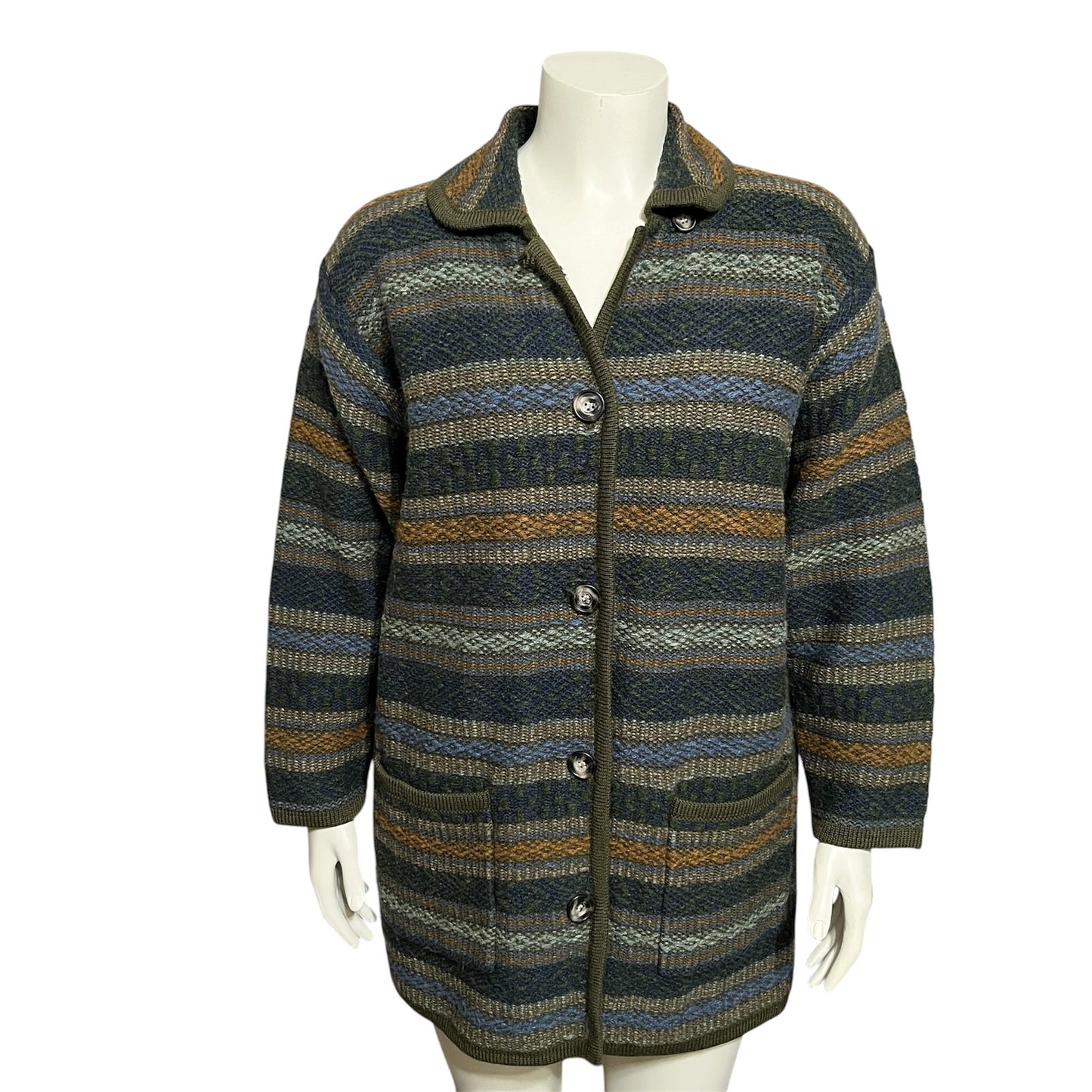 Laura Ashley 100% Wool Cardigan Sweater Jacket Sz-Medium Chunky Striped