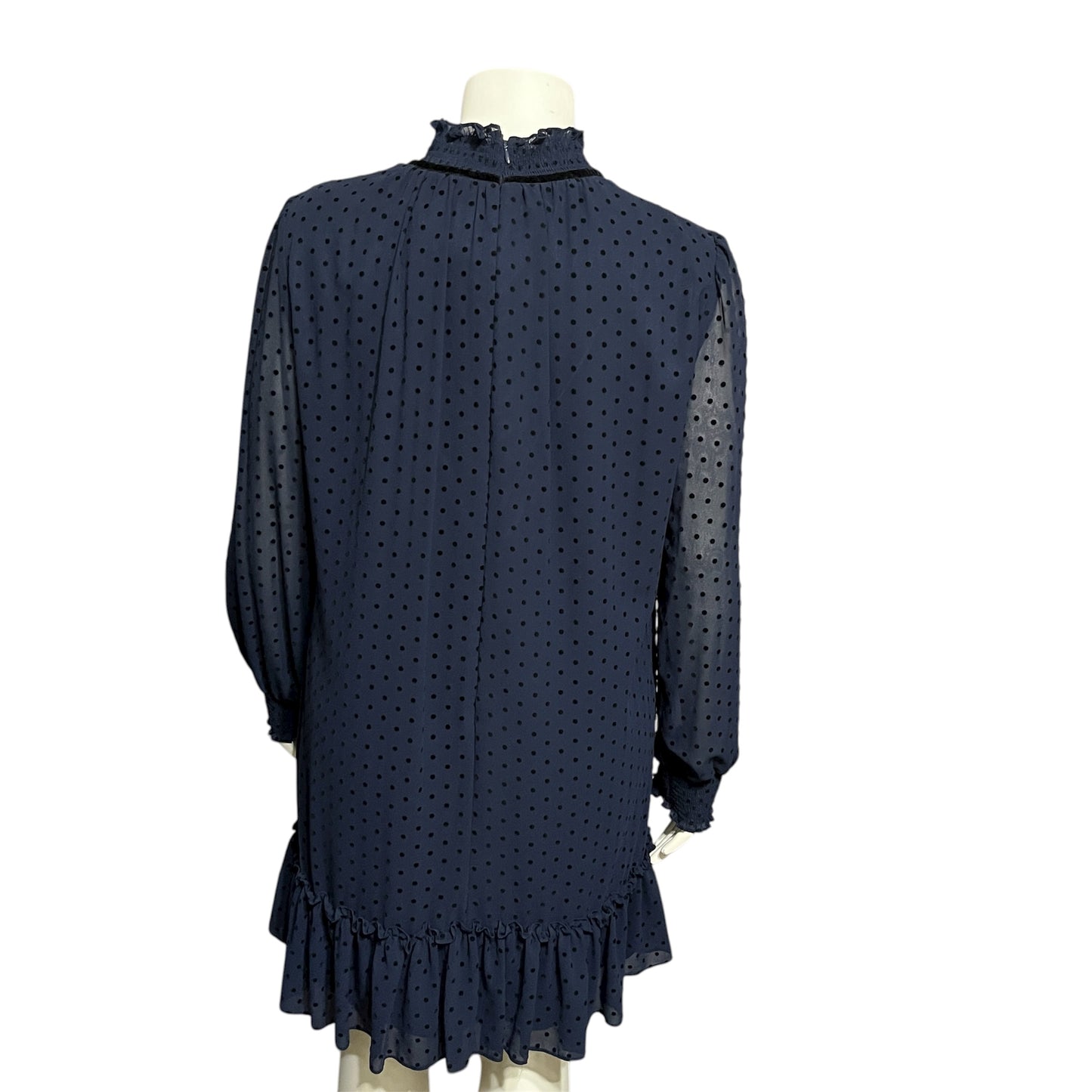 Navy Polka Dot High Neck Ruffle Hem Sheer Dress