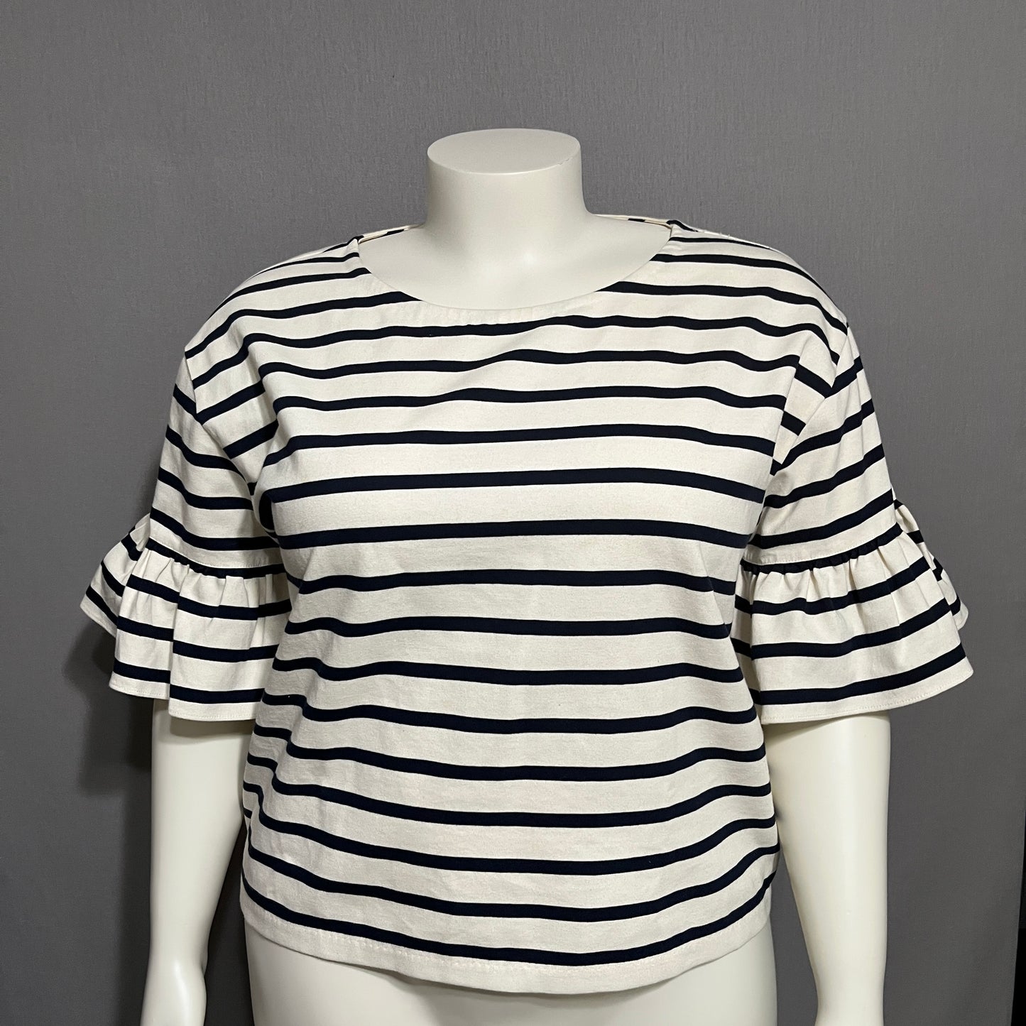 Cream & Navy Striped 100% Cotton Flare Sleeve Top Sz-XL