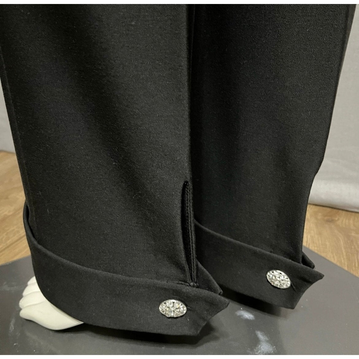 Solange Black Flare Leg Trouser Rhinestone Button Pants Sz-12