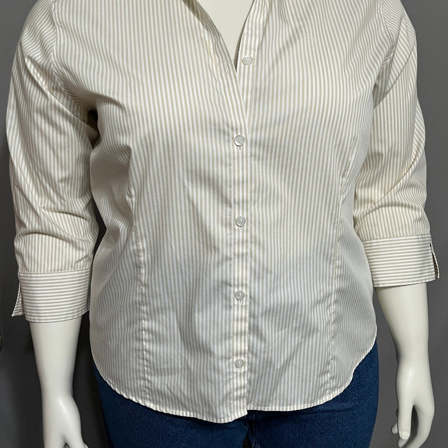 Eddie Bauer Striped Women’s Button Front Shirt 3/4 Sleeve Tan White Sz-XL