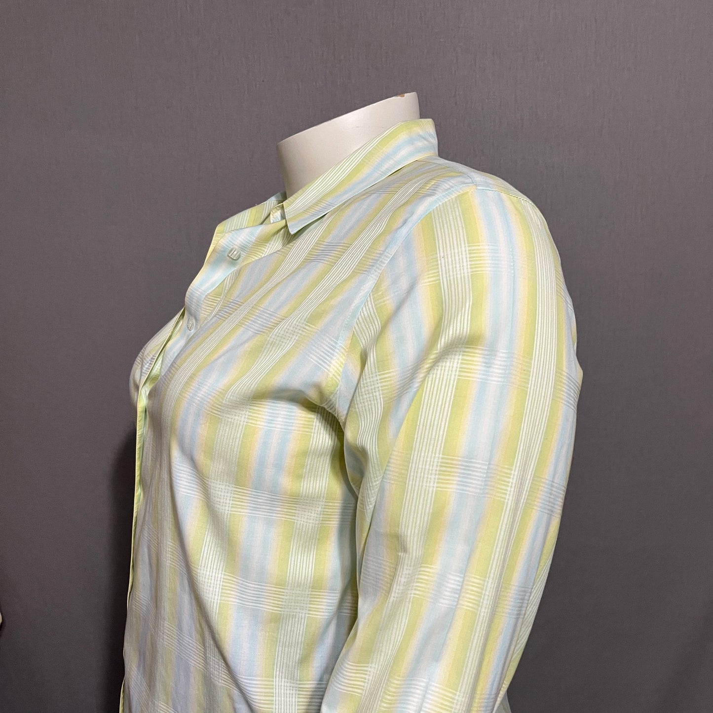 Women Checkered Print Spring Button Front Shirt Sz-16 Pale Yellow Blue Green