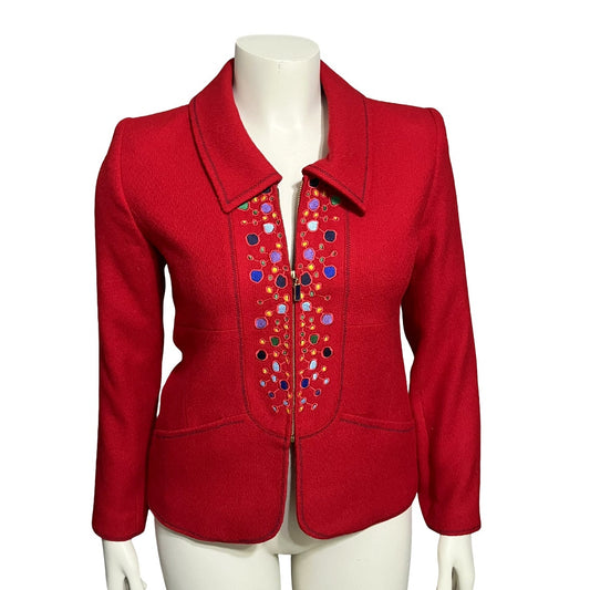 Bloomingdales Red With Multicolored Embroidery Artsy Wool Blazer Sz-8 Petite