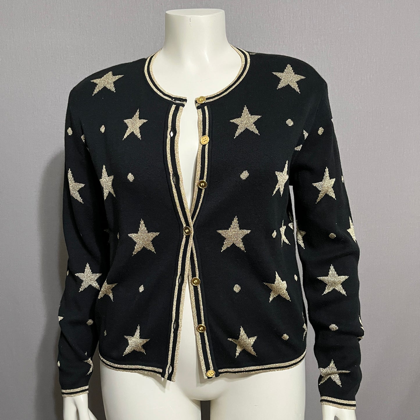 Vintage Holiday Black Cardigan with Gold Star Pattern