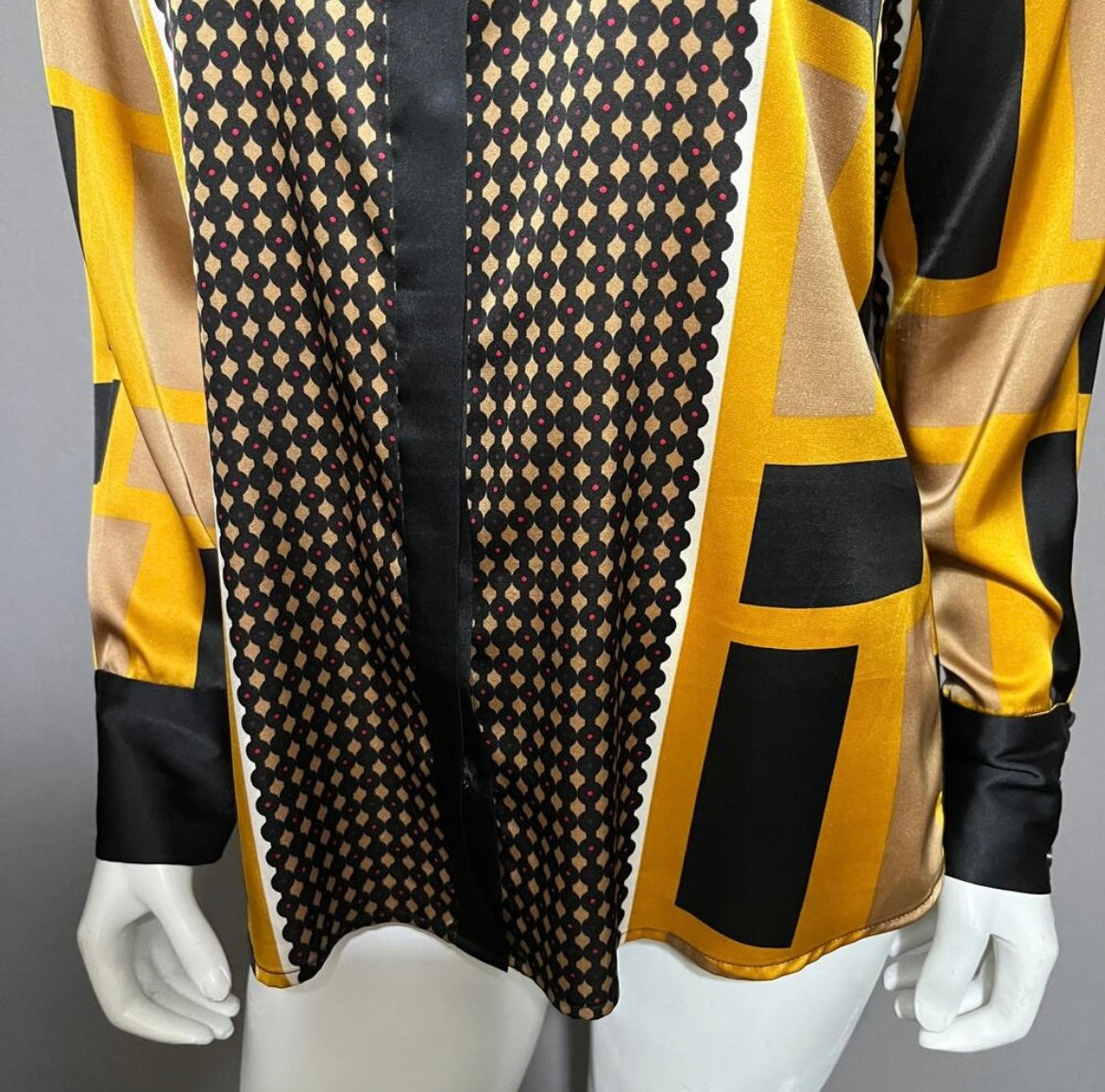 Calvin Klein Geometric Gold & Black Satin Blouse Sz-Small