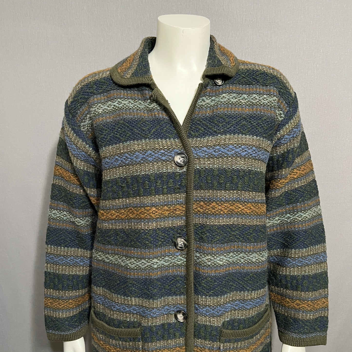 Laura Ashley 100% Wool Cardigan Sweater Jacket Sz-Medium Chunky Striped