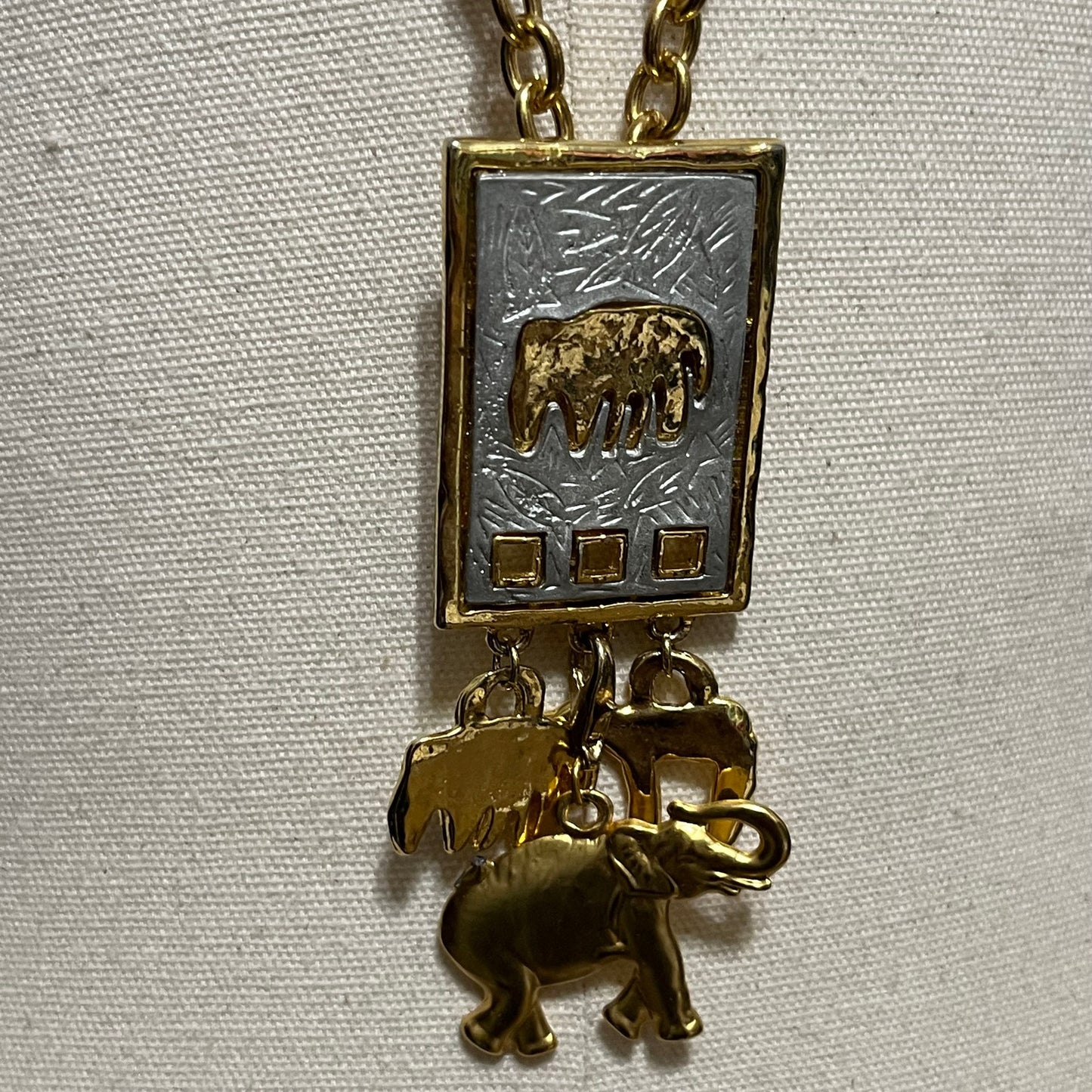 Gold Tone Long Hanging Elephant Themed Necklace