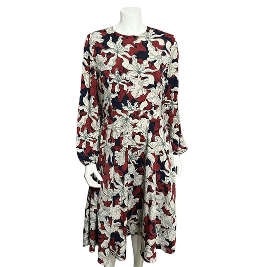 PinkyOtto Gray Maroon Navy Floral Leaf Long Sleeve Dress Sz-8