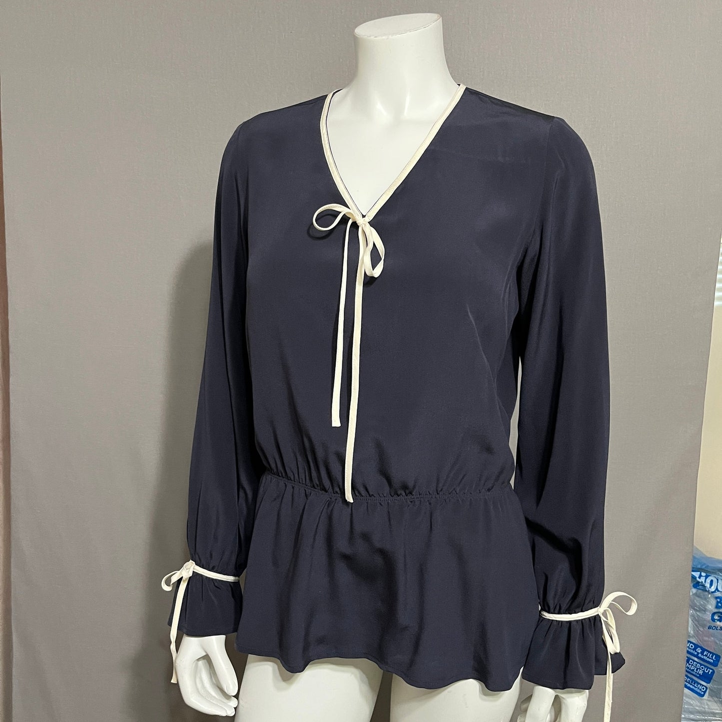 Doncaster Navy 100% Silk Career Blouse Secretary Sz-SMALL