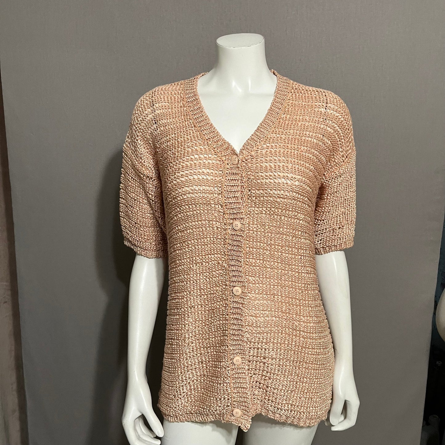 Effeci Light Salmon Button Front V-neck Short Sleeve Cardigan Sz-Small