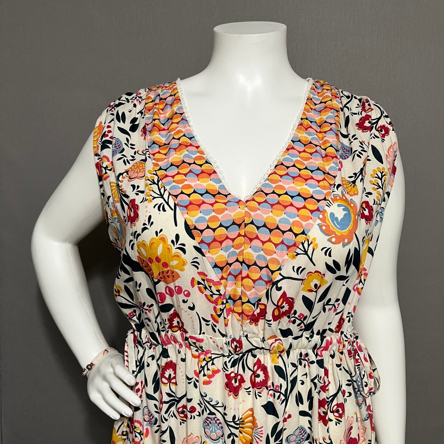 Angie 100% Rayon Floral Sleeveless Drawstring Fit & Flare Sz-2X