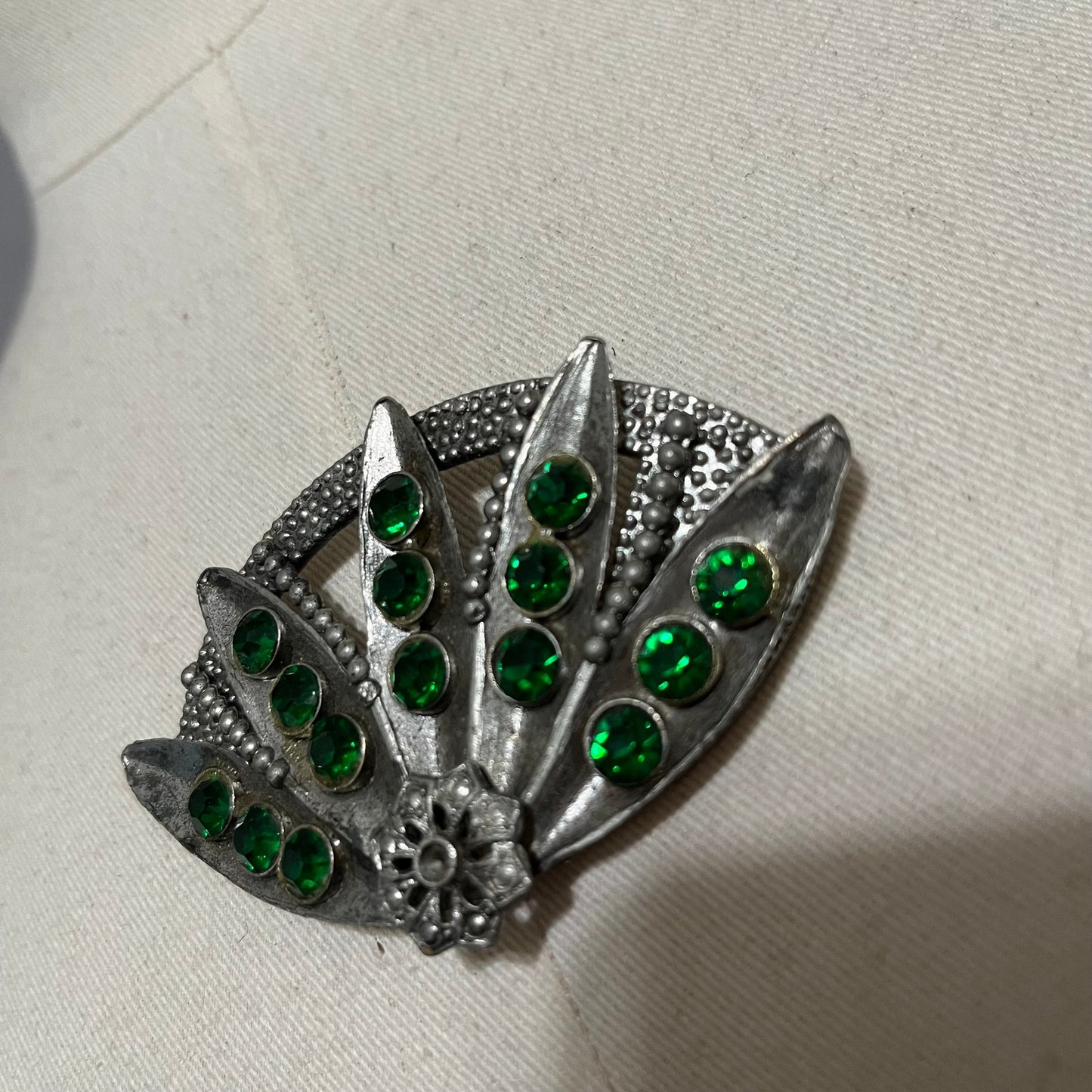 Vintage Silver Toned Green Emerald Fan Brooch